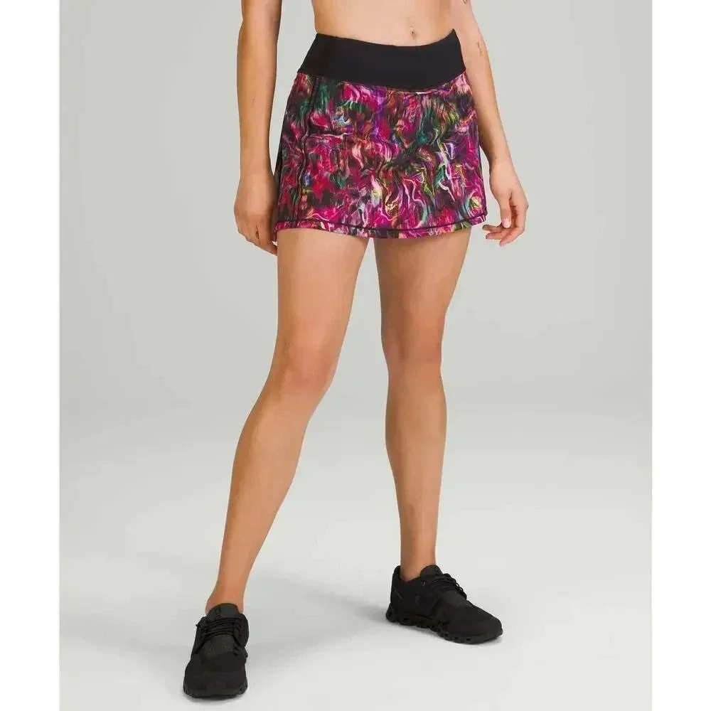 Lululemon Hyper Flow Pink Multi Black Print Pace Rival Mid-Rise Skirt Size 14