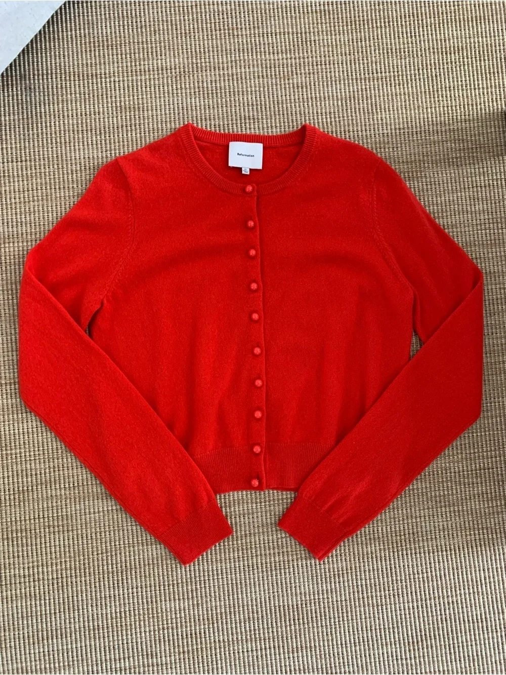 Reformation Caspia Cashmere Wool Button Cropped Cardigan Sweater Top Paprika Red