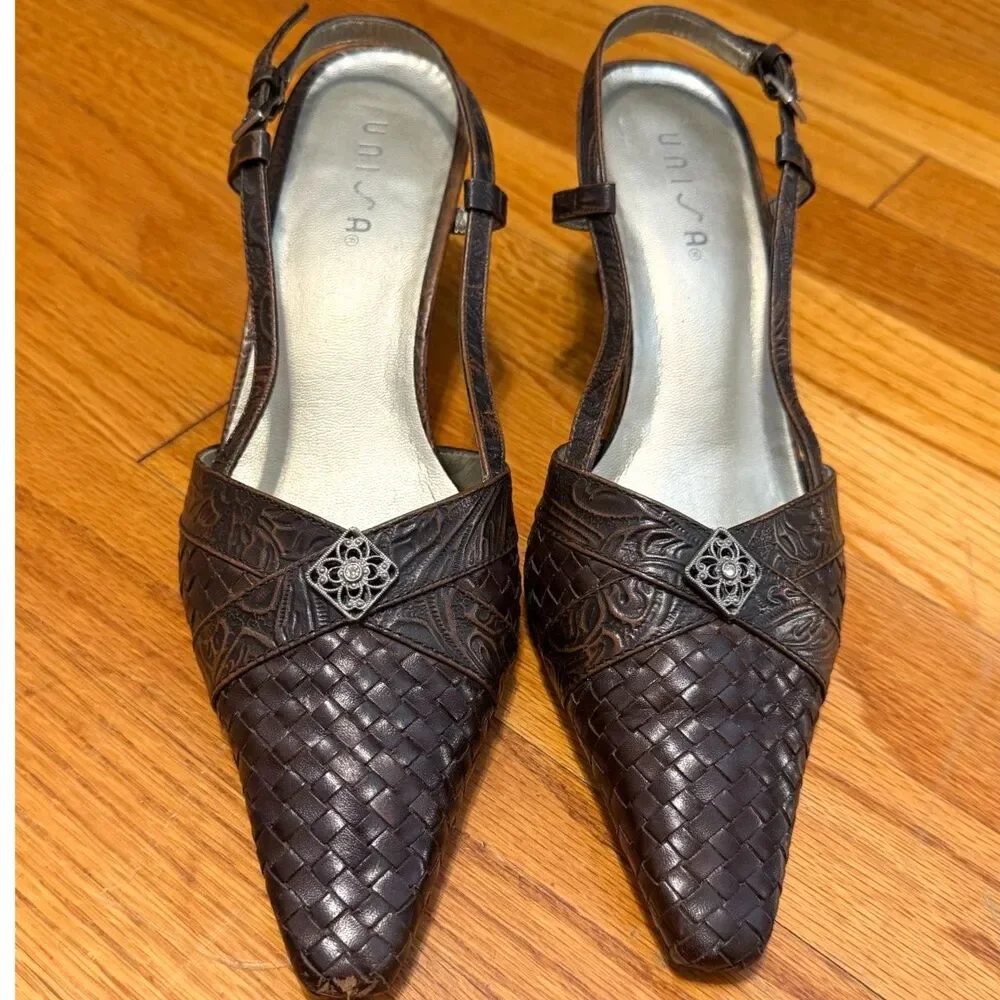 Vintage 90s UNISA Brown Leather Slingback Heels Pointed Toe Jewel Accent Sz 9.5
