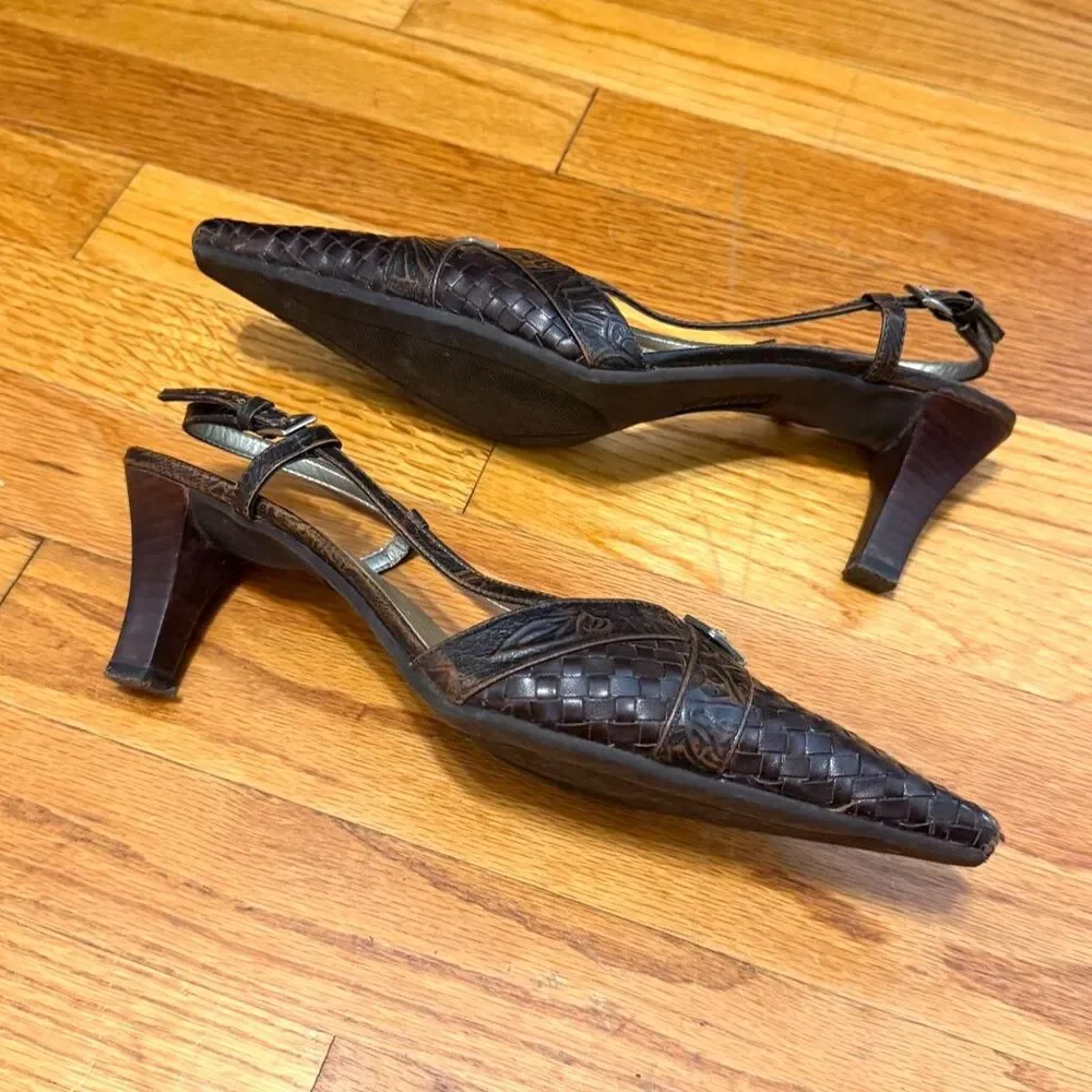Vintage 90s UNISA Brown Leather Slingback Heels Pointed Toe Jewel Accent Sz 9.5