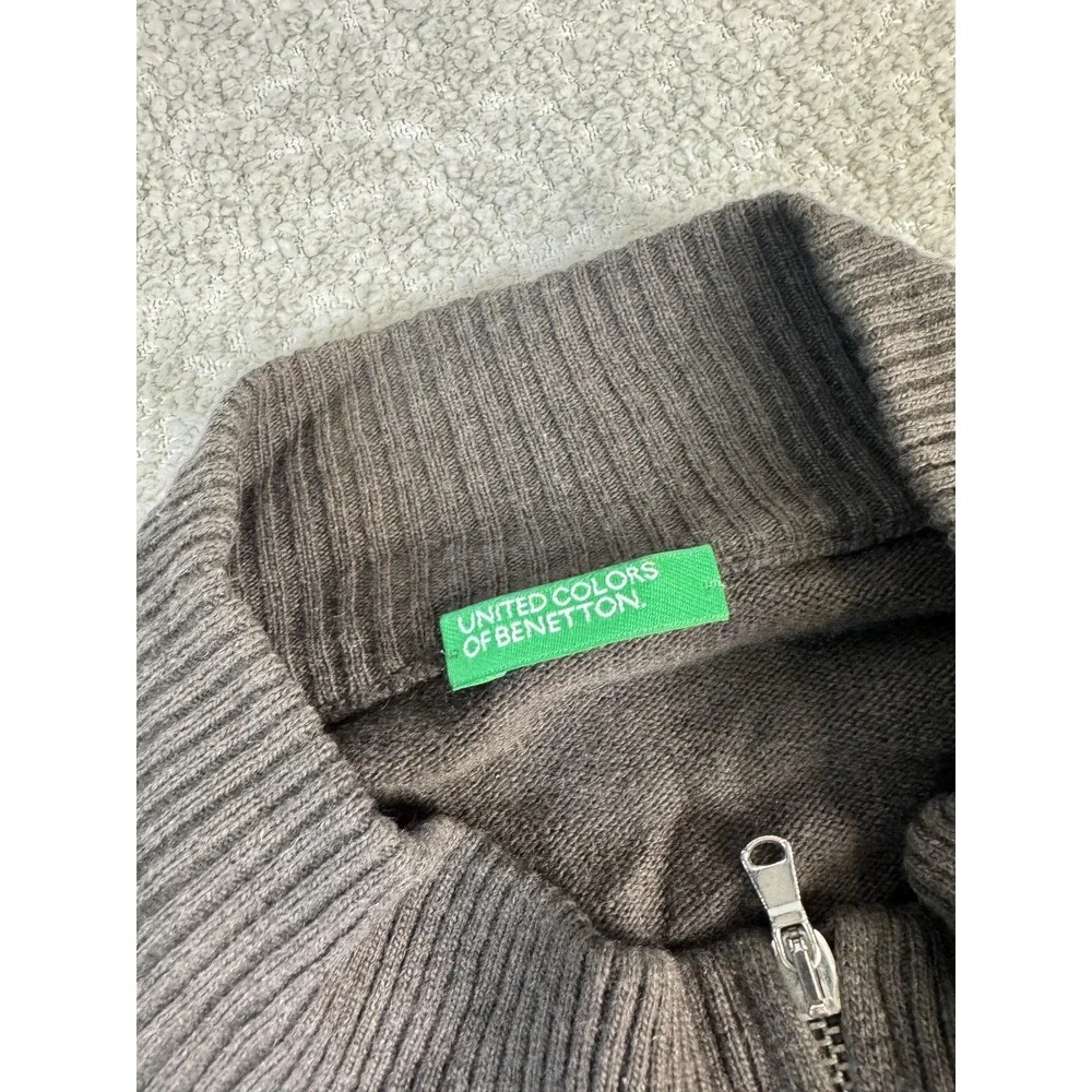 United Colors of Benetton Sweater Mens Large Brown Gray Full Zip Wool‎ Blend