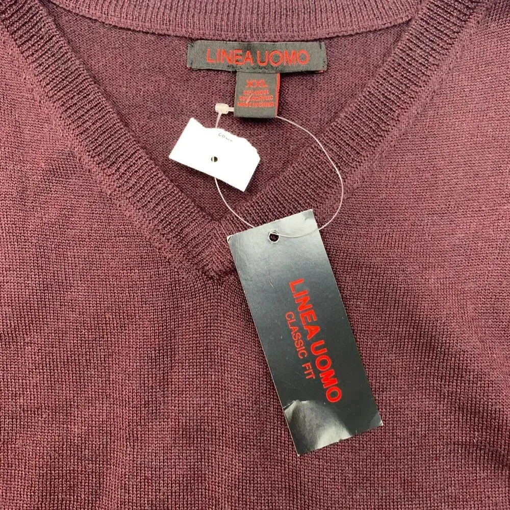 Linea Uomo Wool Blend Sweater Mens 2XL XXL Maroon Knit Classic Fit V Neck New
