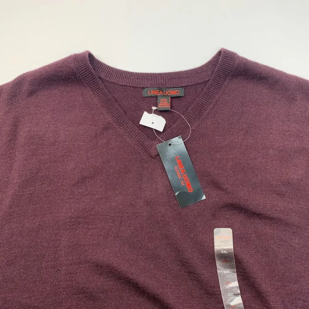 Linea Uomo Wool Blend Sweater Mens 2XL XXL Maroon Knit Classic Fit V Neck New