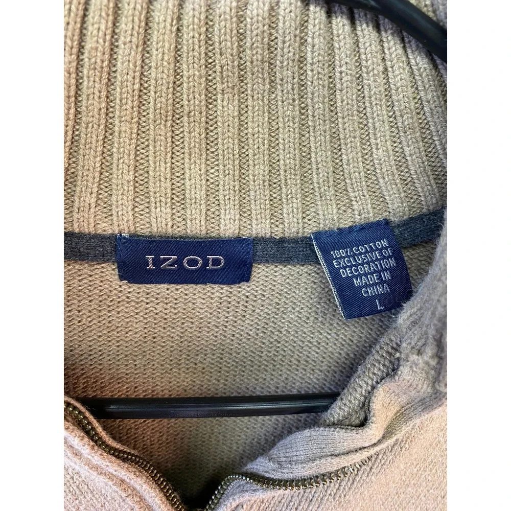 IZOD Mens Quarter Zip Pullover Sweater Tan Khaki 100% Cotton Size L