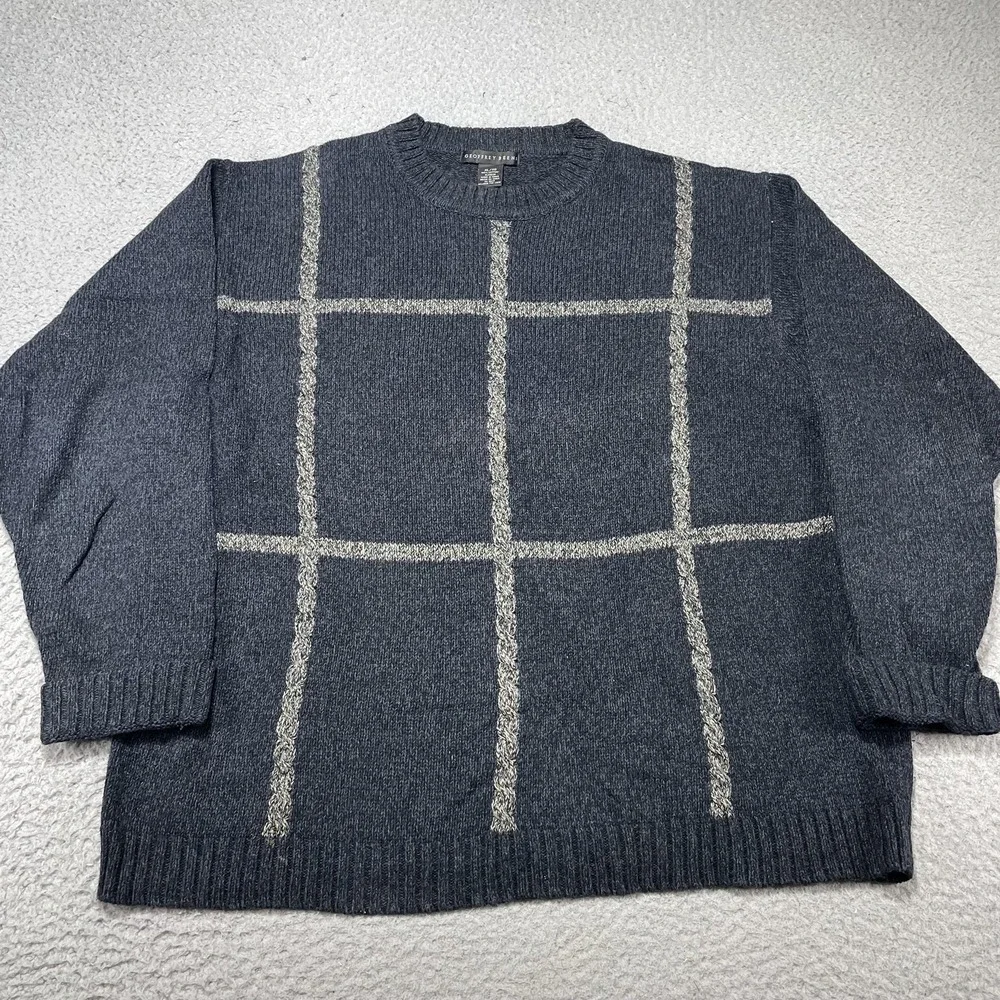 Geoffrey Beene Sweater Mens‎ XL Blue Windowpane Check Cotton Crewneck Pullover