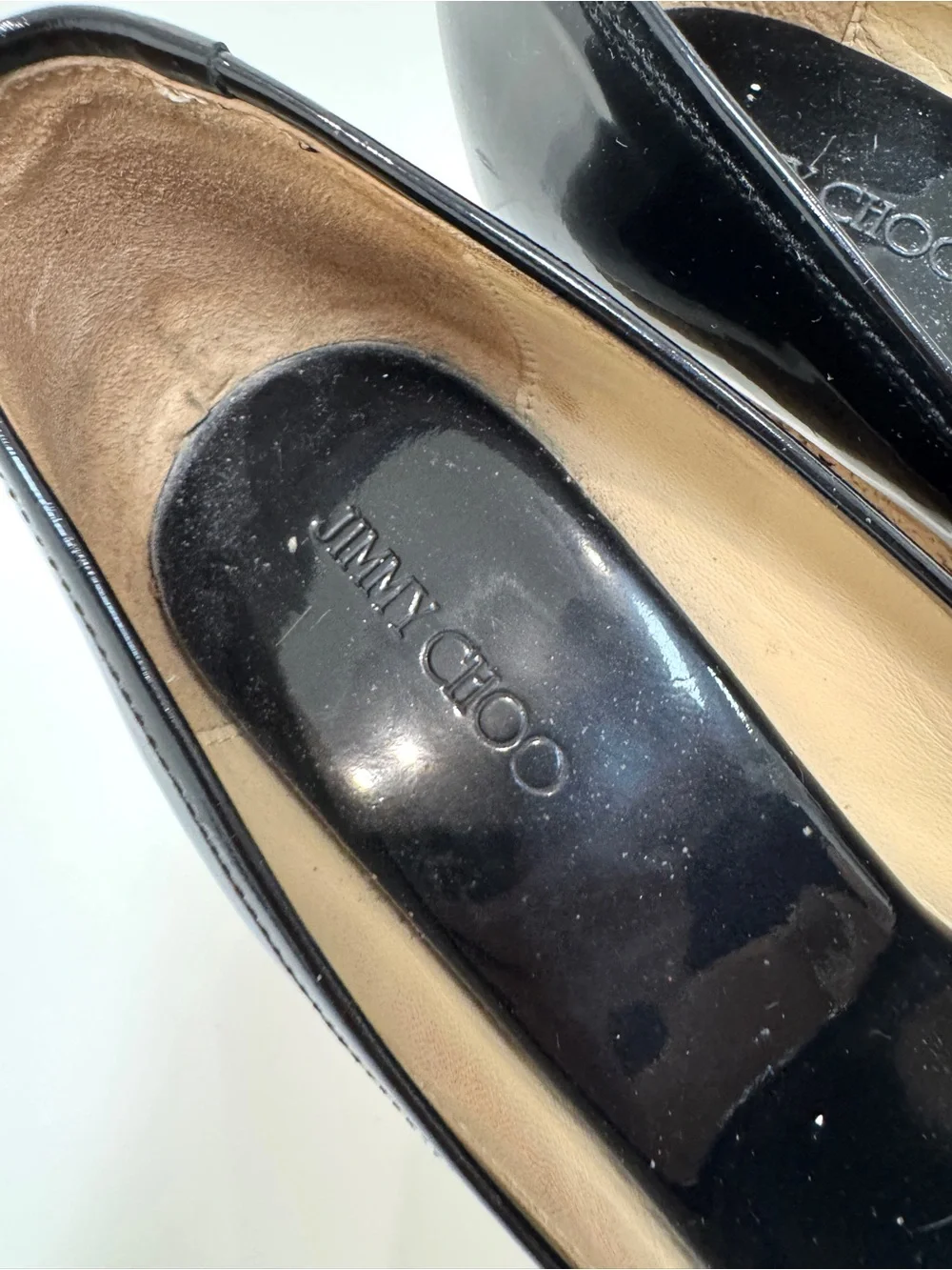 Jimmy Choo Black Patent Leather Peep Toe Cork Platform Wedge Shoes 38 Heels