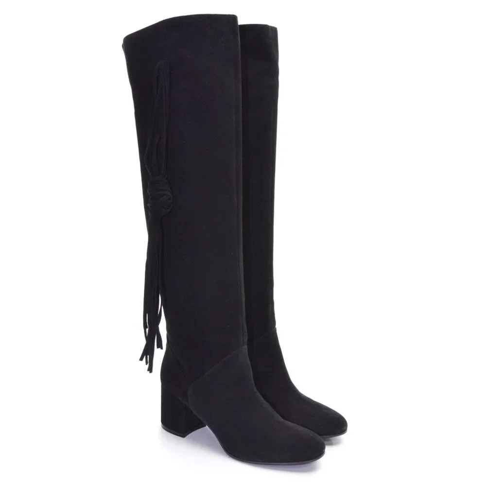 Diane B. Black Suede Fringe Over the Knee Boots 37 New