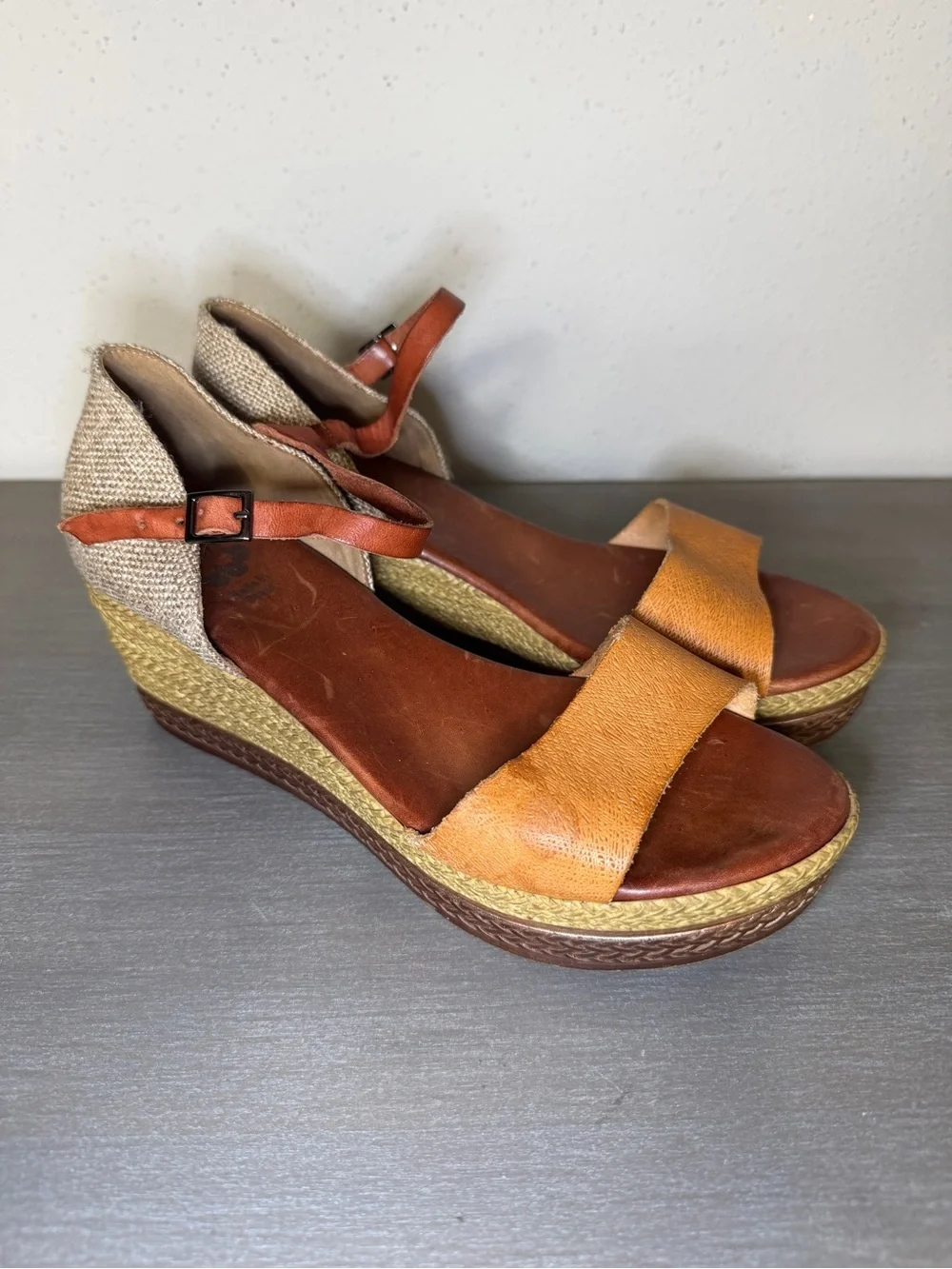 Porronet Spain Women's Leather Wedge Sandals Brown Buckle Comfort Shoes Size 38