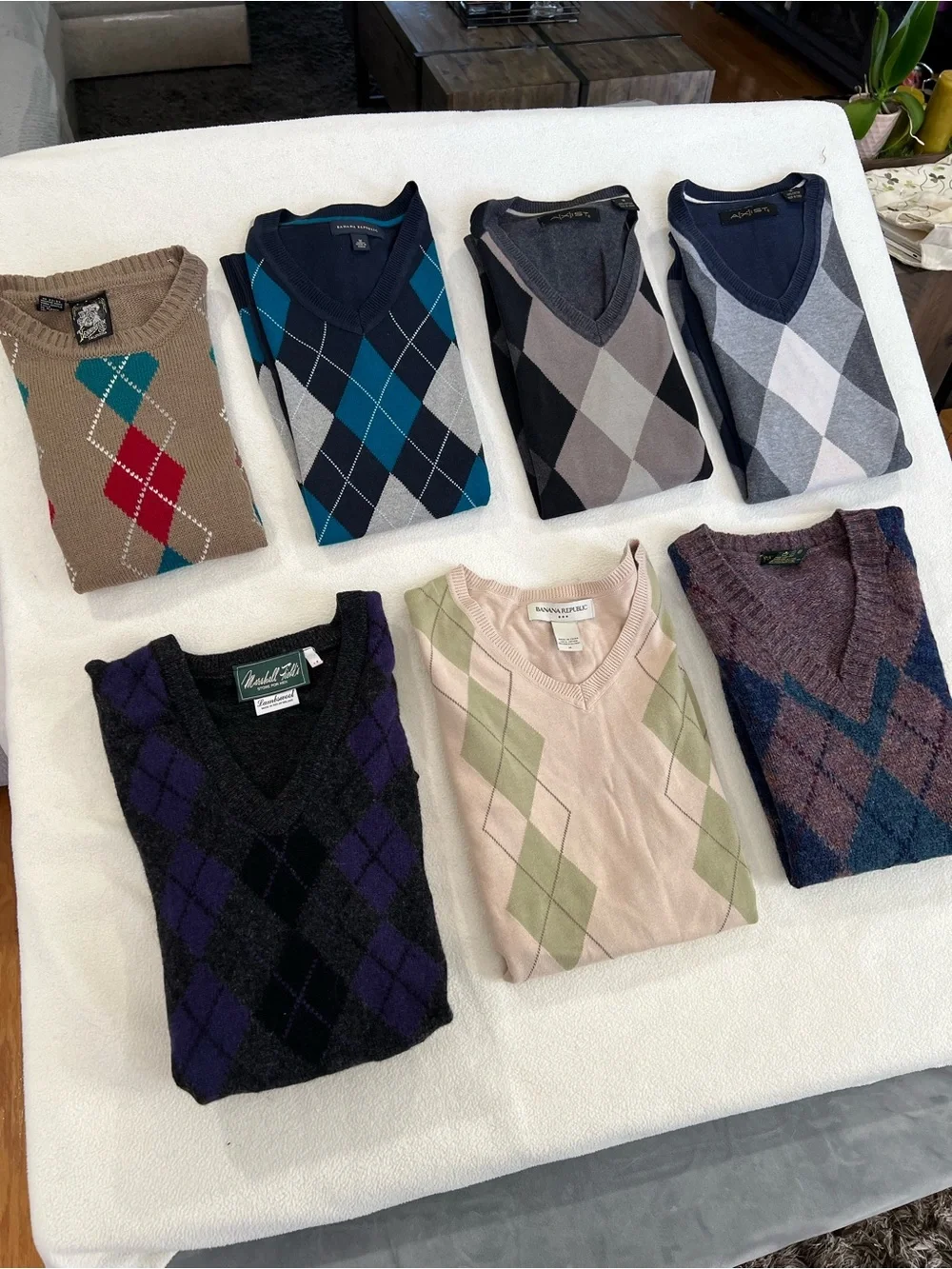 Lot of 2 Banana Republic Men Argyle Sweater Vest V-Neck 100% Cotton Medium