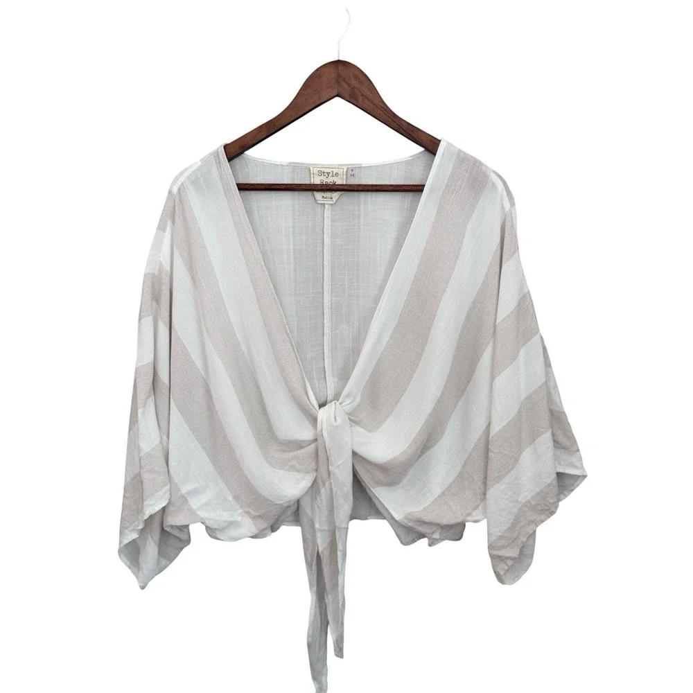 Striped Linen Blend Tie Front Crop Top Medium Boho Cottagecore