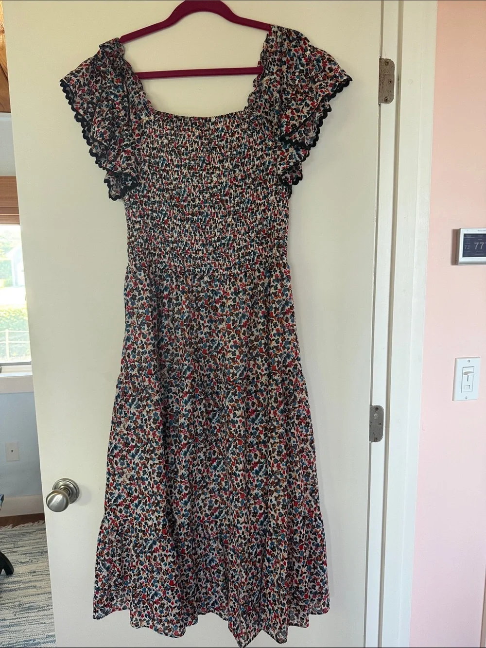 Tory Burch Navy Multi Floral Smocked Midi Dress with Tassel