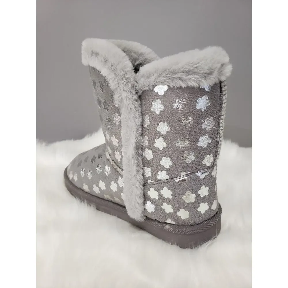NEW Sz 2 Girls Flower Silver Gray Metallic Flower Faux-Fur Slipper Winter Boot‎