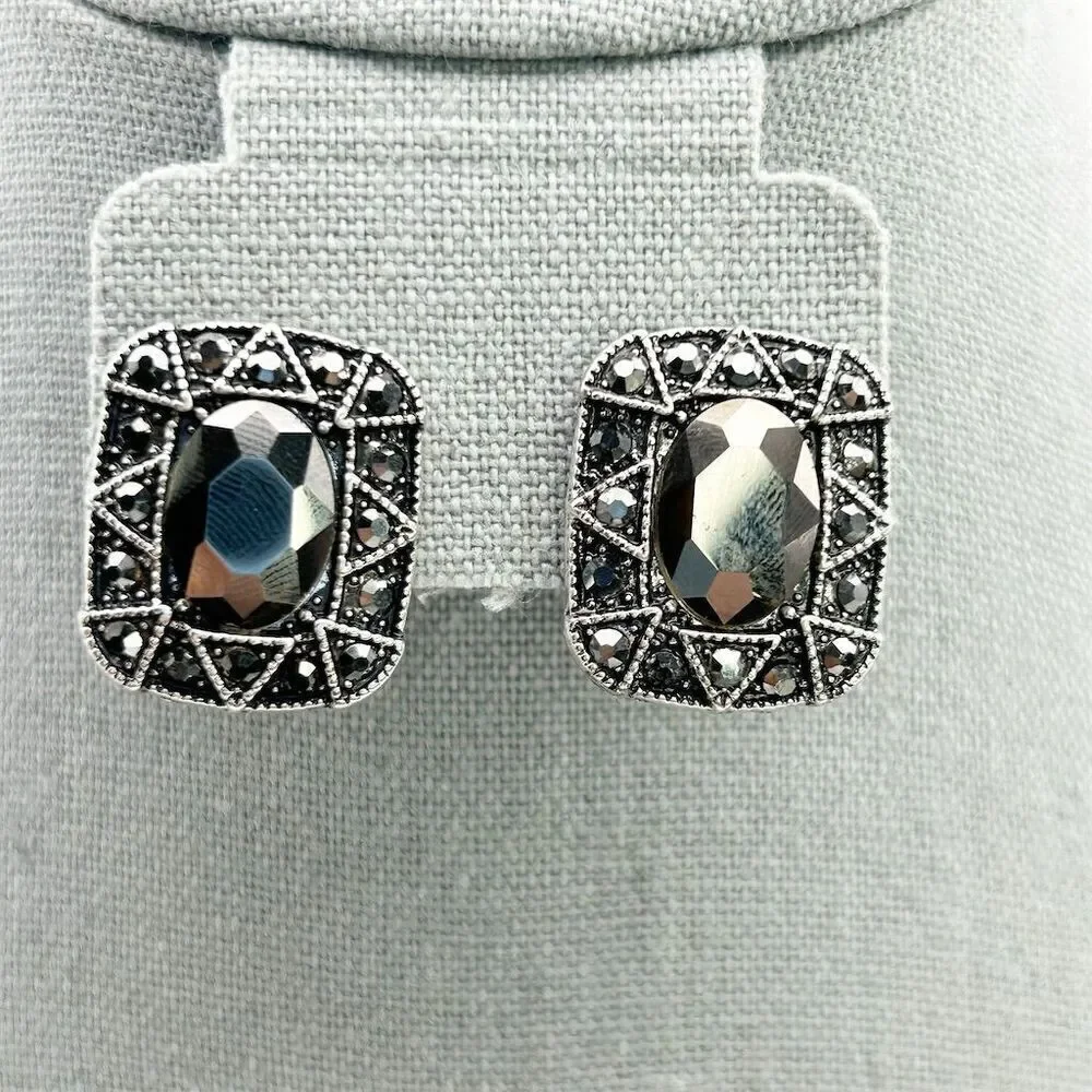 Square Art Deco Faux Black Hematite Rhinestone Stud Earrings Sparkle Fun