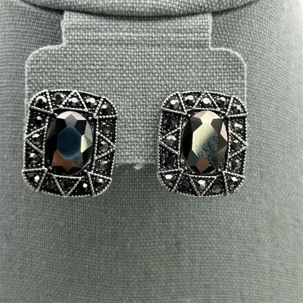 Square Art Deco Faux Black Hematite Rhinestone Stud Earrings Sparkle Fun