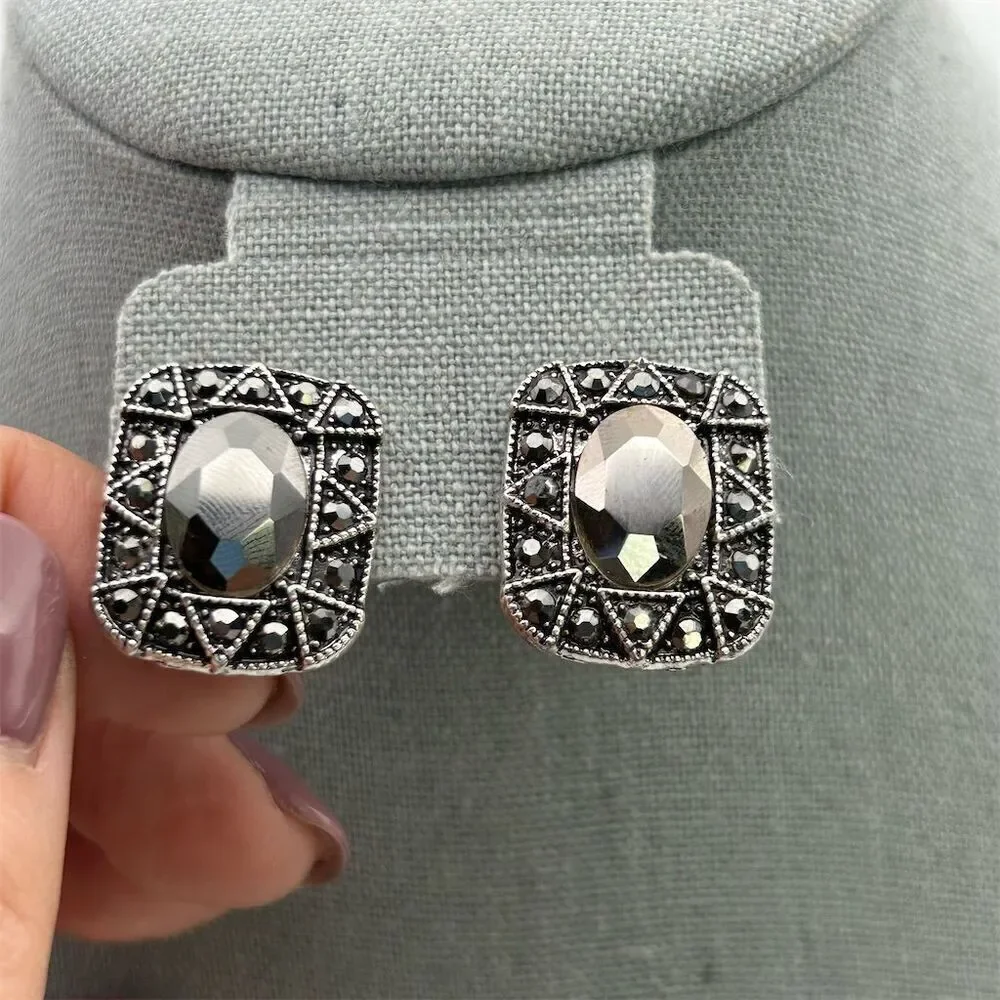 Square Art Deco Faux Black Hematite Rhinestone Stud Earrings Sparkle Fun