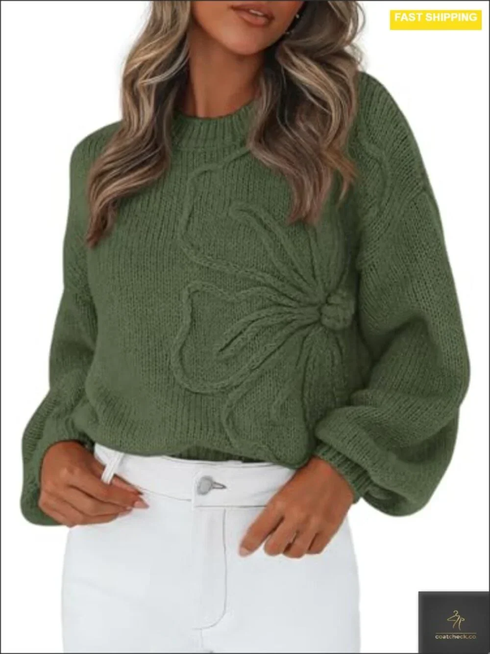 Oversized Floral Knit Pullover Sweater Long Lantern Sleeve Crewneck