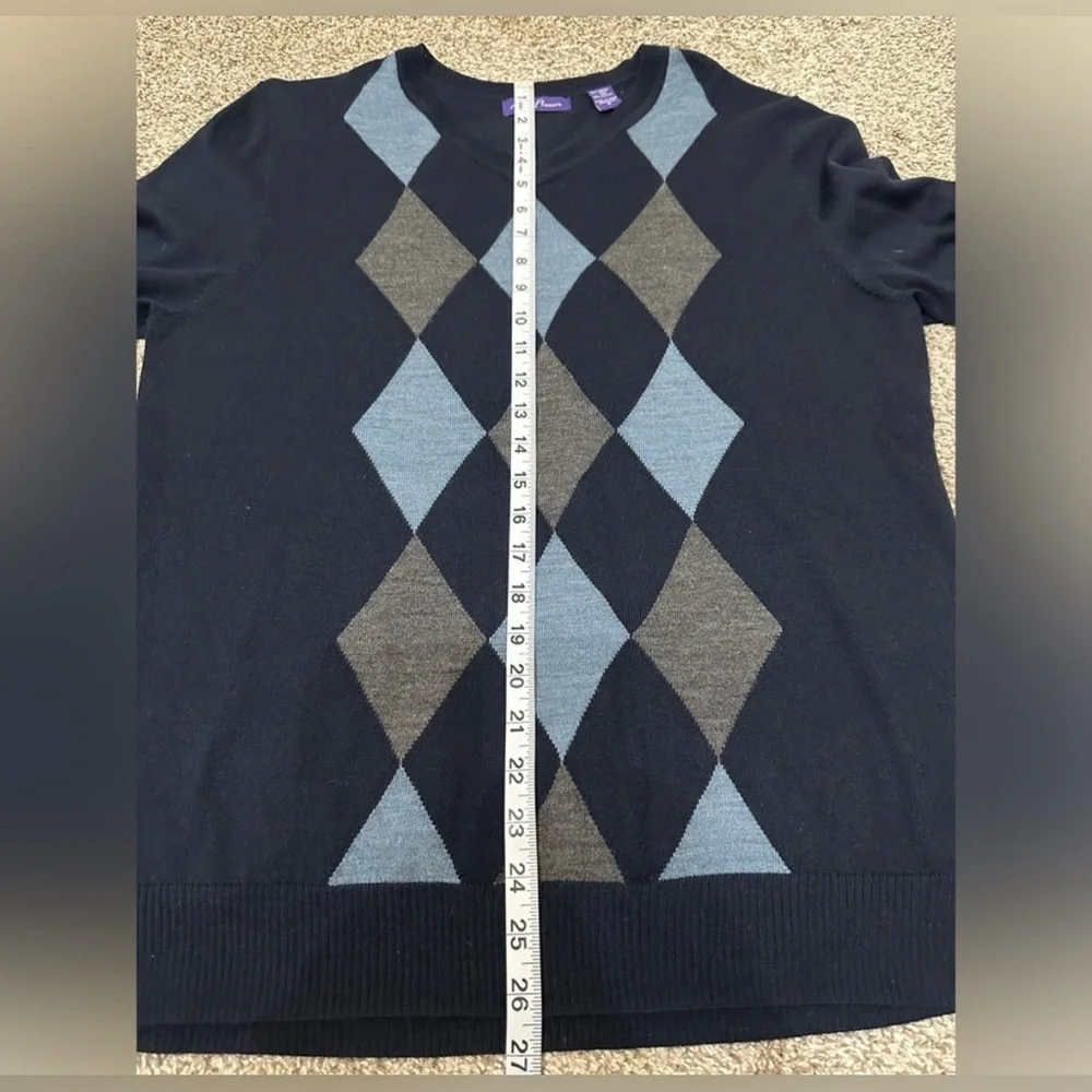 Alan Flusser Sweater Men's Size M Argyle Navy V neck merino wool blend size M