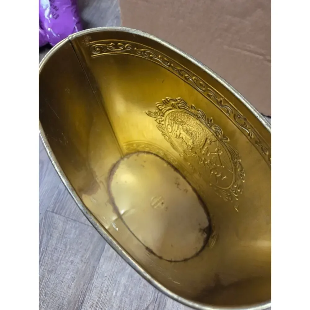 Vintage Weibro Embossed Metal Trash Can Mid-Century Horse + Carriage Brass Color