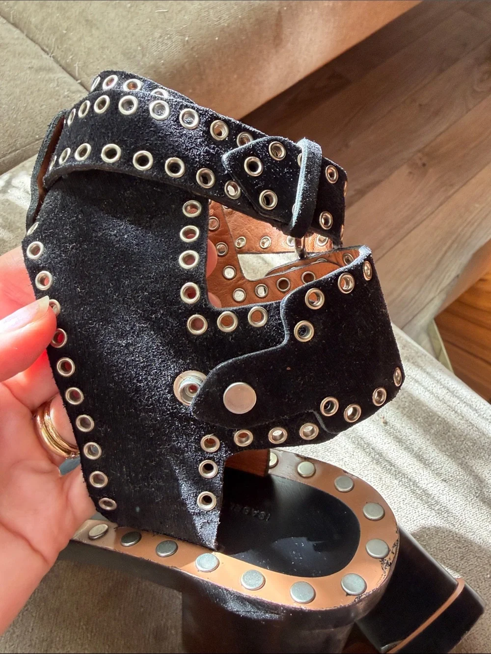 Isabel marant jaeryn Black Studded Suede Block Heel Sandals 40