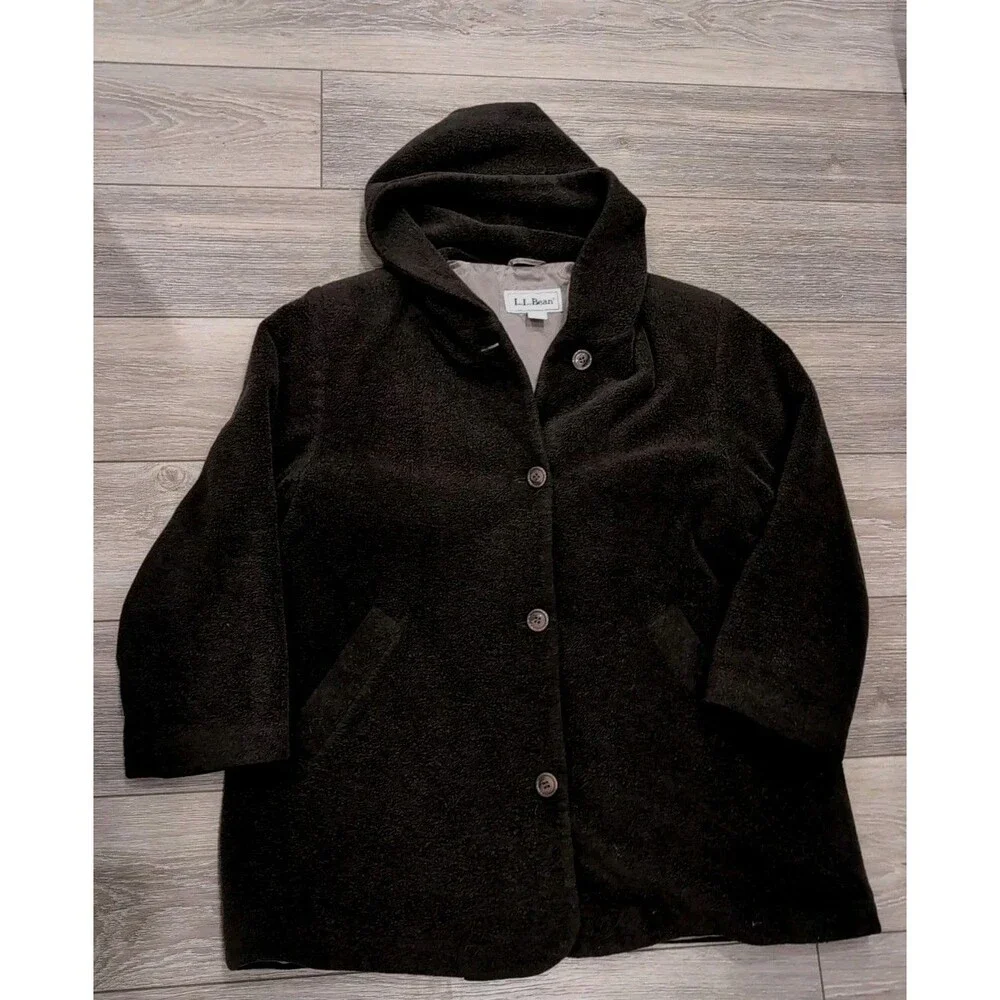 VINTAGE LL BEAN HOODED COAT WOMEN'S SIZE LARGE BROWN WOOL BLEND/FLEECE/LINED