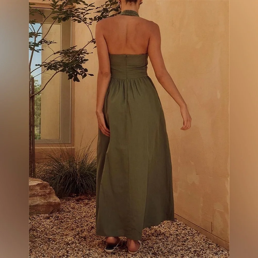 Commense Cotton & Linen Halter A Line Long Dress‎