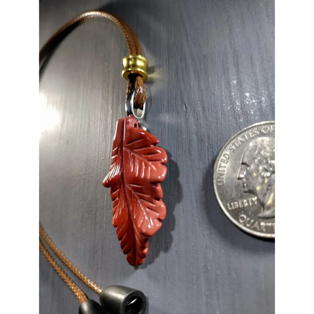TrailerSpark Red Jasper Carved Leaf Pendant Necklace 18in Waxed Cord Break Away