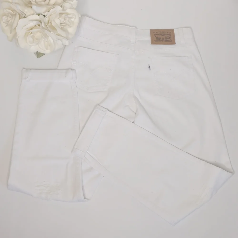 Levi Strauss BOYFRIEND Distressed White Crop Jeans size 16 Reg Adjustabl…
