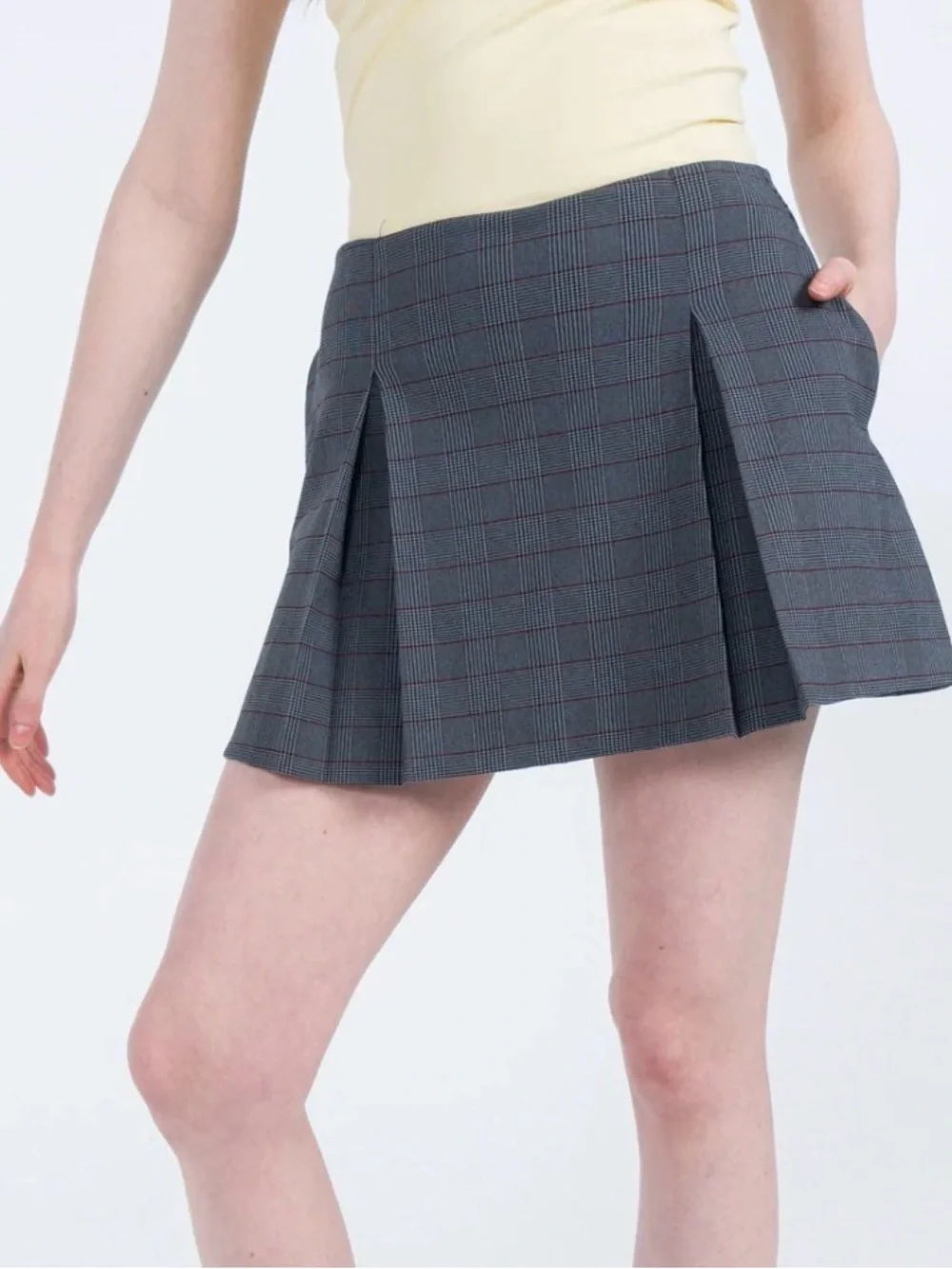 Gray Plaid Pleated Mini Skirt - Gray with Subtle Red Accents