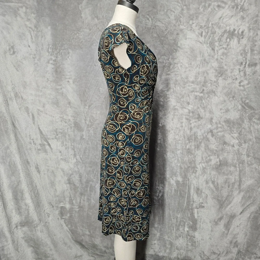 Vtg London Times Sheath Dress Women 6 Brown Abstract Swirl Ruched V-Neck Y2K Mod
