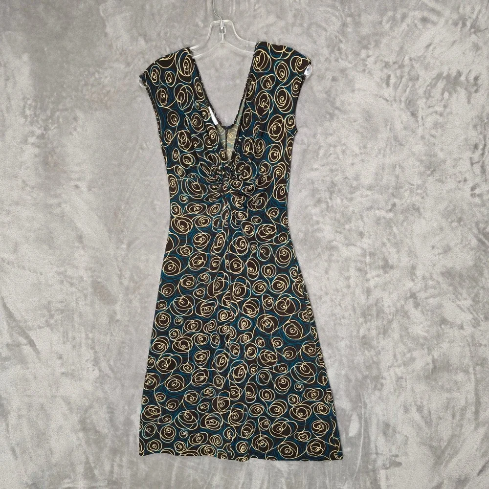 Vtg London Times Sheath Dress Women 6 Brown Abstract Swirl Ruched V-Neck Y2K Mod
