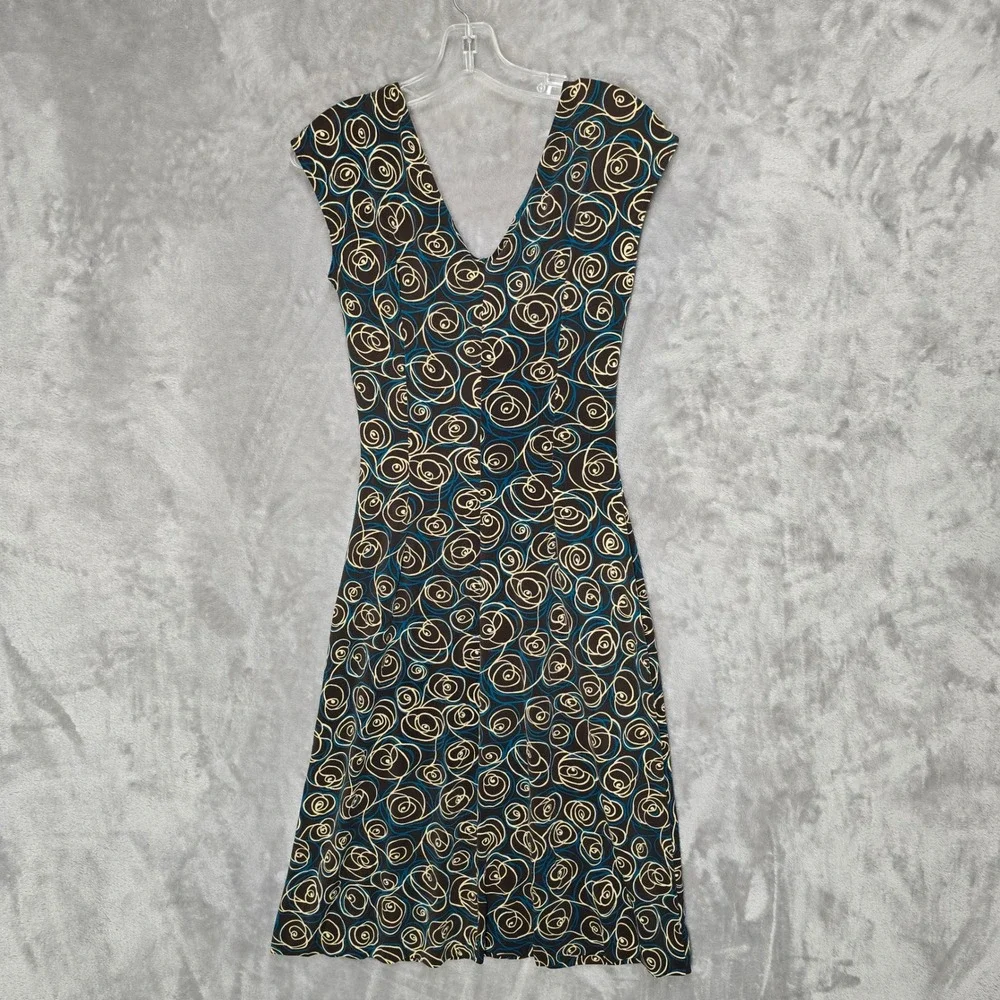 Vtg London Times Sheath Dress Women 6 Brown Abstract Swirl Ruched V-Neck Y2K Mod