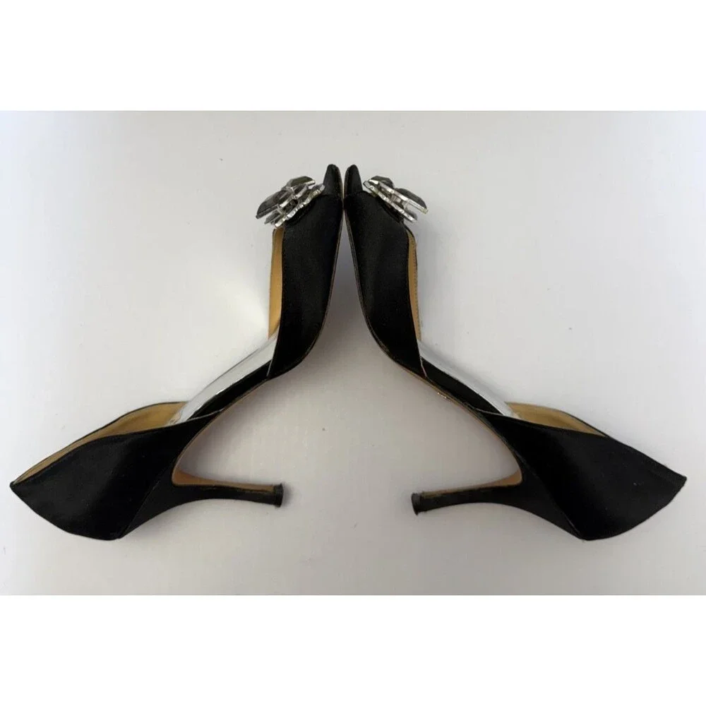 BADGLEY MISCHKA BLACK SATIN D’ORSAY OPEN TOE RHINESTONE EMBELLISHED HEELS SZ 7M