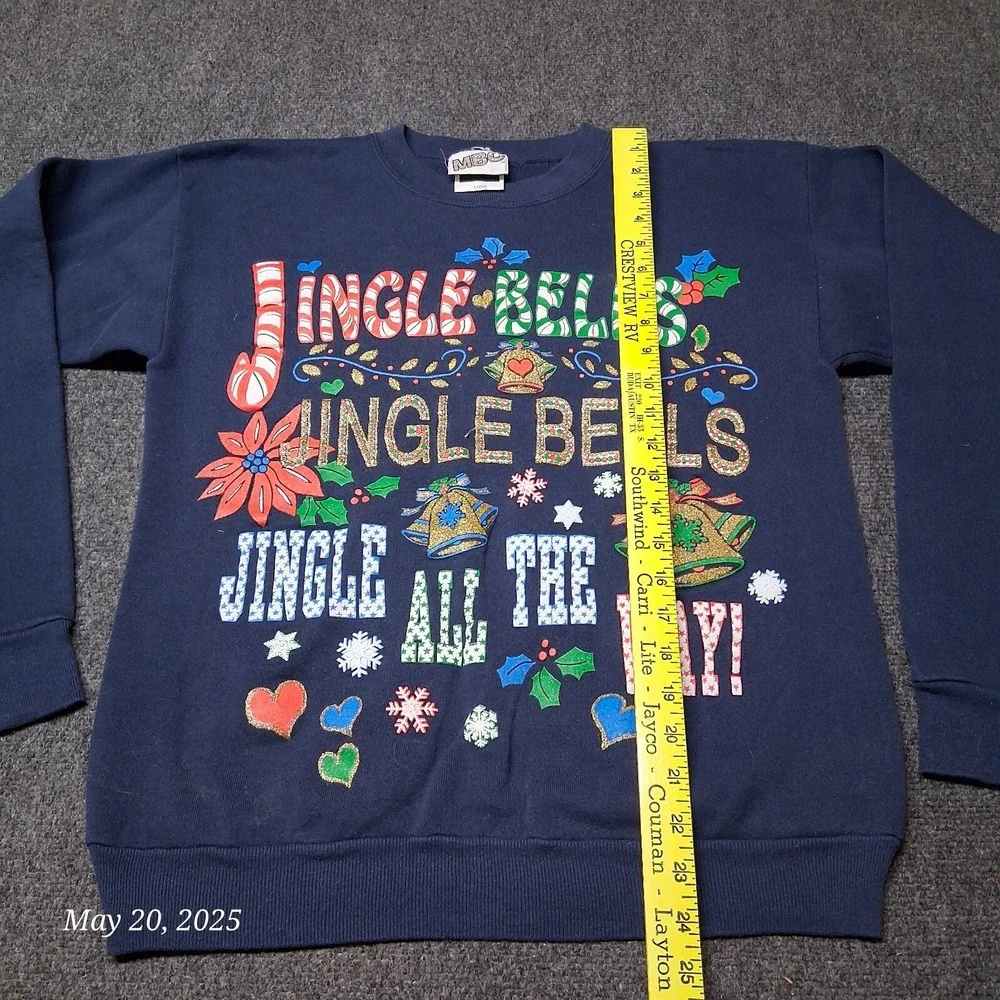 VTG Jingle Bells Christmas Sweatshirt Size Large Blue MBC‎ Tultex