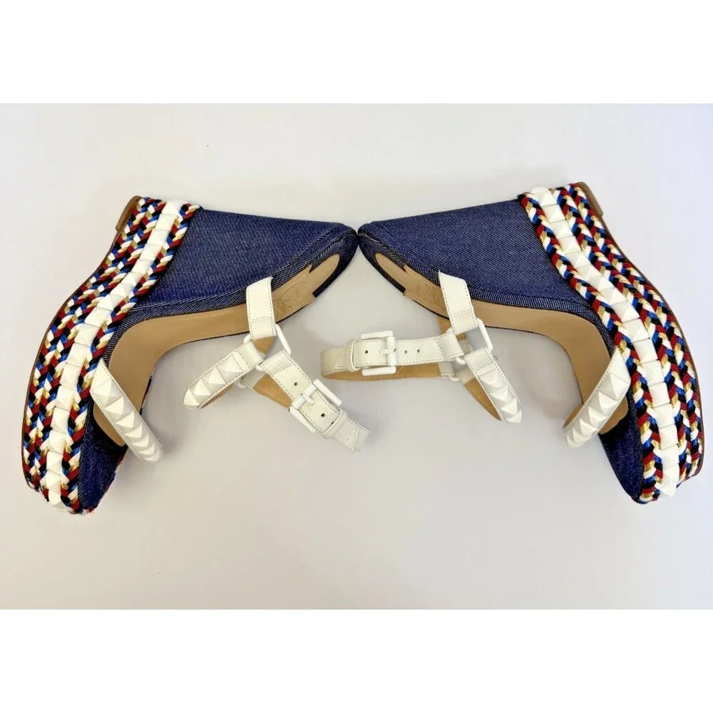 Christian Louboutin Cataclou Espadrille Sandals Red White Blue Denim Size 37 / 7