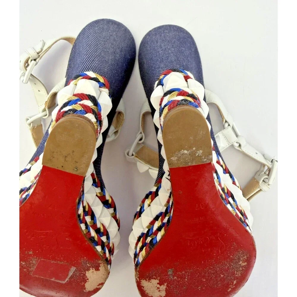 Christian Louboutin Cataclou Espadrille Sandals Red White Blue Denim Size 37 / 7