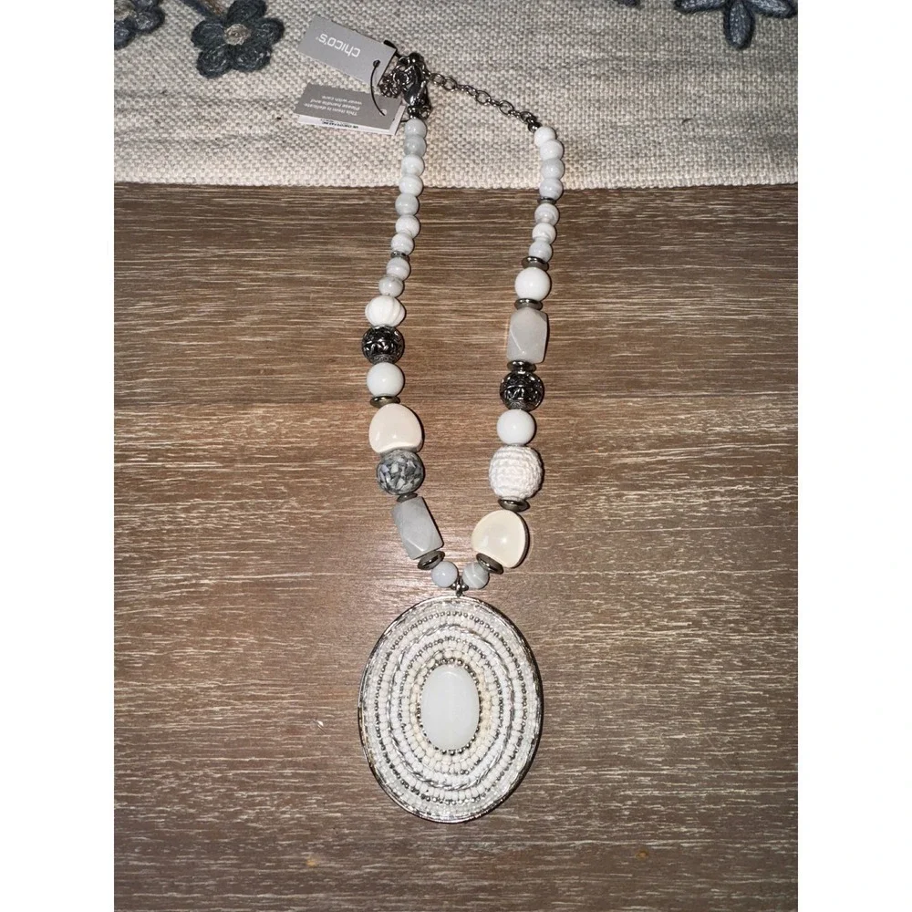 Chicos‎ White Beaded Necklace with Oval Pendant Statement Jewelry