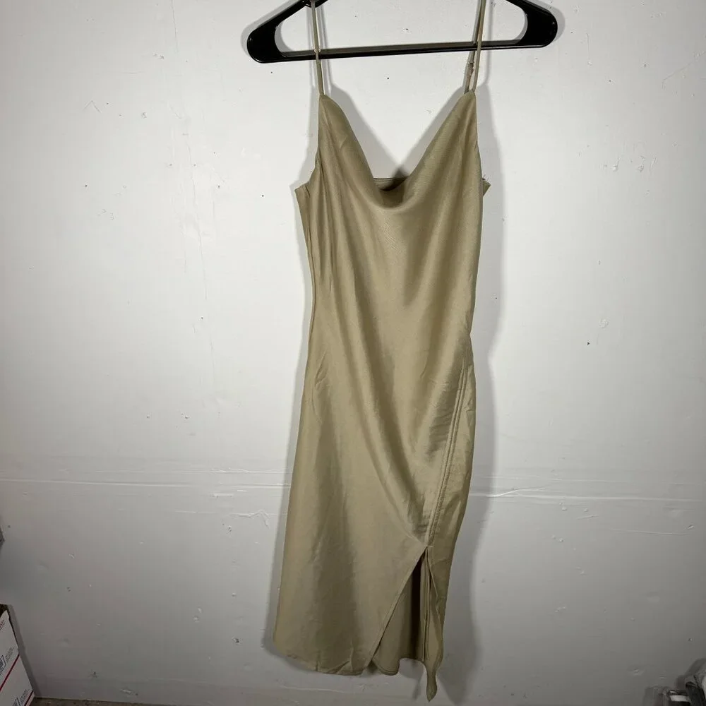 WOMENS SIZE 4 DRESS COWL NECK CHAMPAGNE TAN SHIMMER RUCHED STRAPPY Y2K 90S POLLY