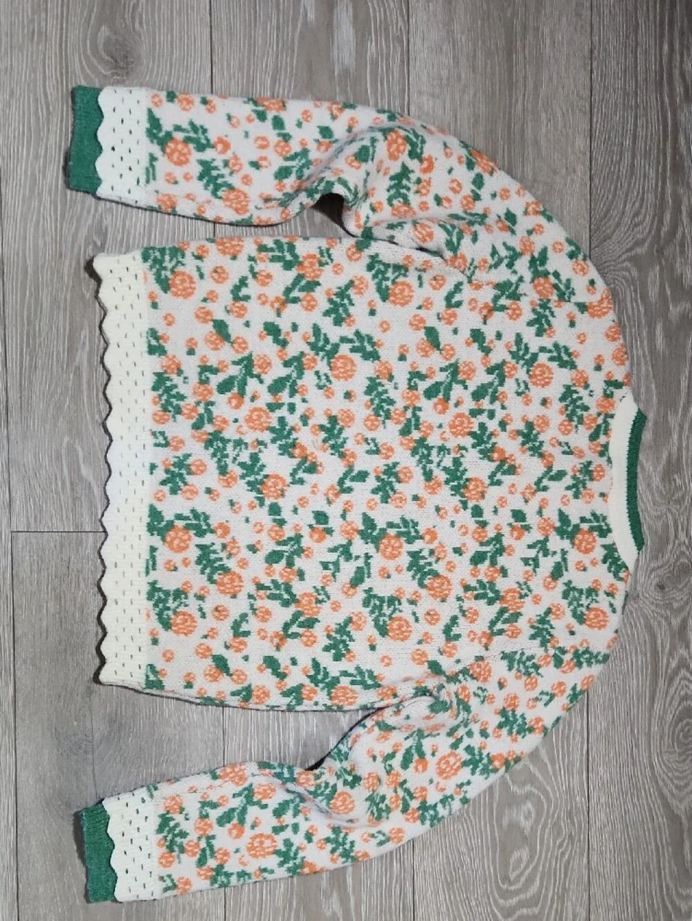 Coquette Orange Green Floral Scalloped Open Knit Sweater Crop Size Small