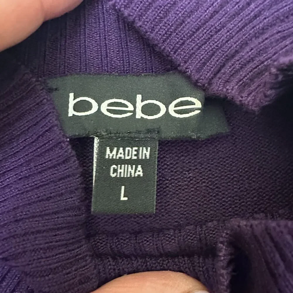 Bebe Women Purple Ribbed Mock Neck Puff Sleeve Sweater Knit Top Sweater Sz Large