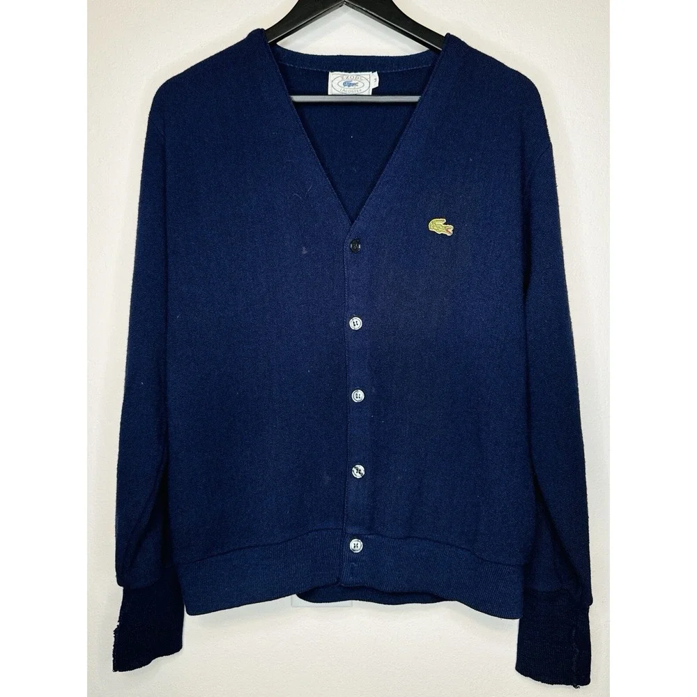 Vintage Lacoste Izod Cardigan Sweater Mens M Navy Blue Button Front Croc