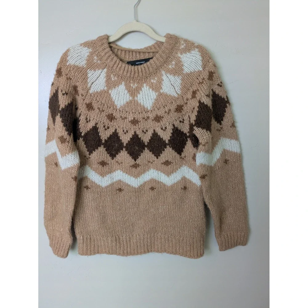 VERO MODA Fair Isle Geometric‎ Pattern Knit Sweater Women Size XS Camel Brown