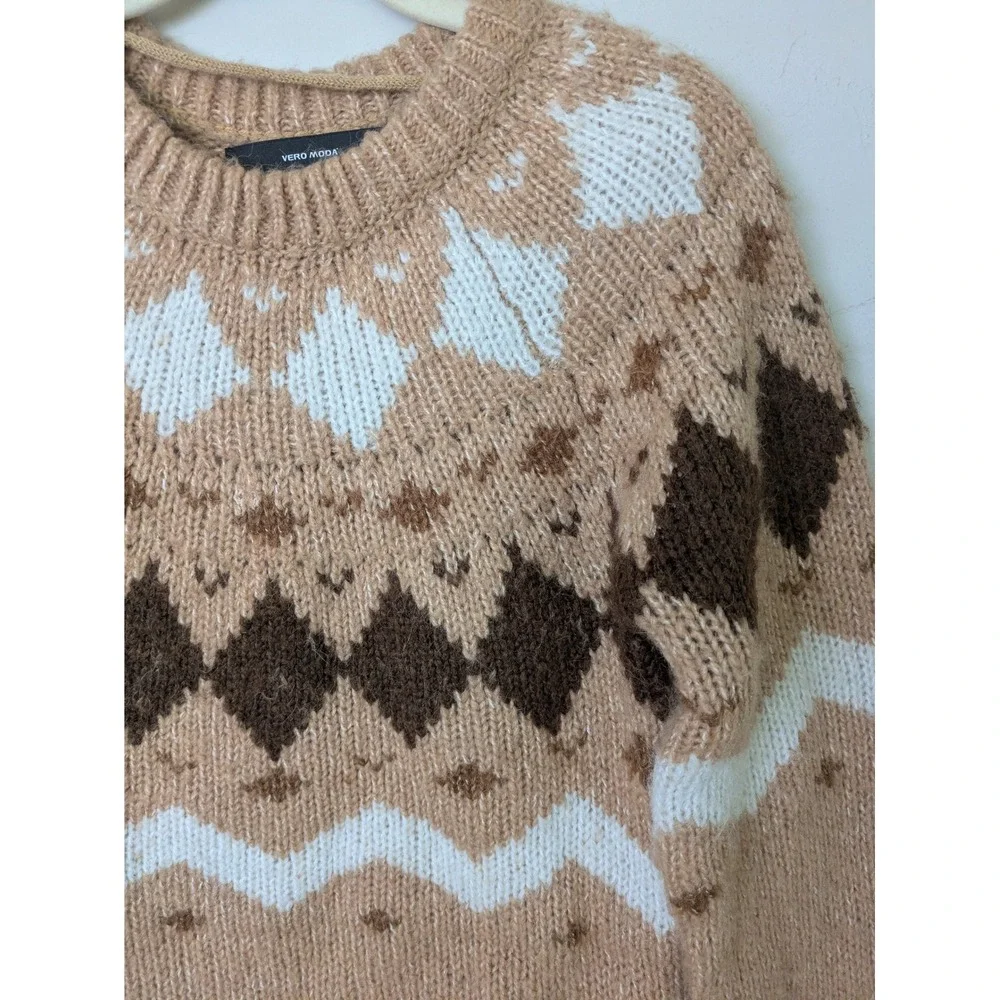 VERO MODA Fair Isle Geometric‎ Pattern Knit Sweater Women Size XS Camel Brown
