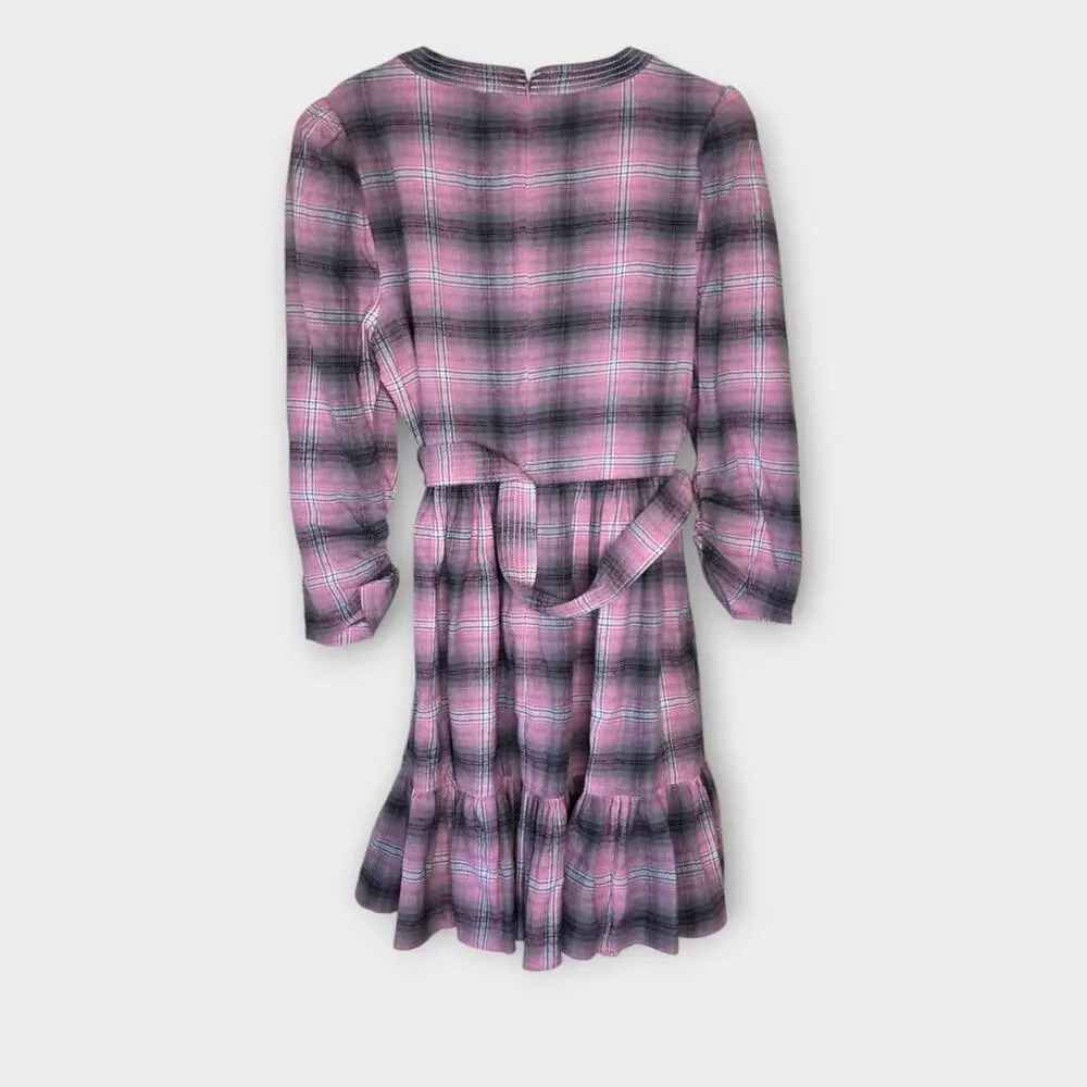 NEW LIKELY Griffyn Pink Plaid Mini Dress Tie Waist Ruffle Hem Women's 8