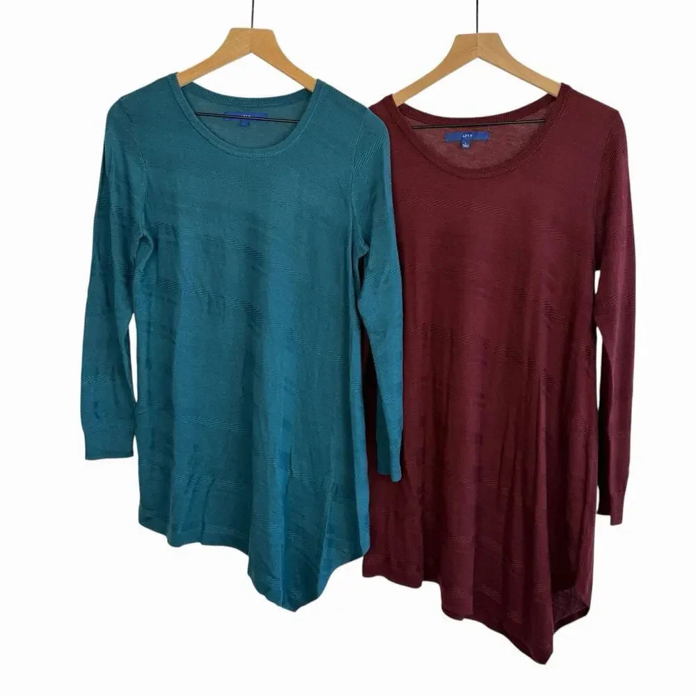 Apt 9 LOT of 2 Fine Knit Asymmetric Crew Neck Tunic Sweaters L Maroon Red Green