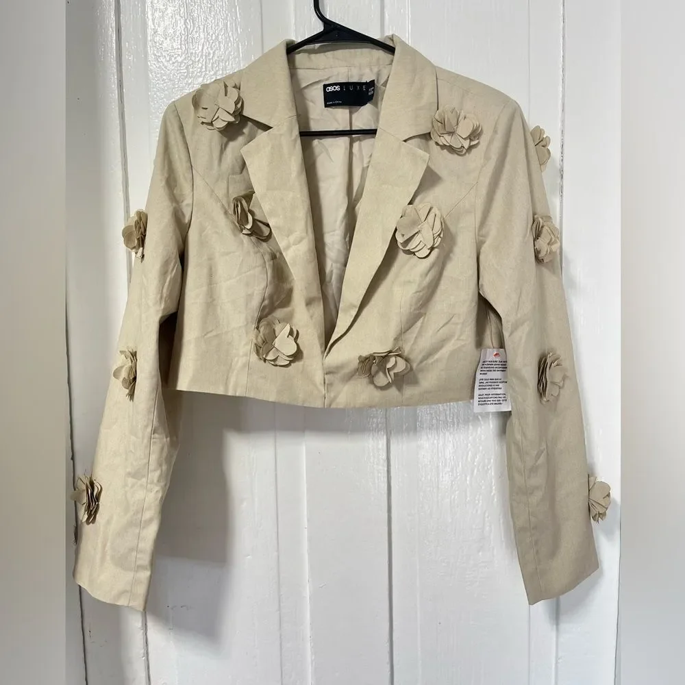NWT ASOS Luxe 3D Flower Crop Blazer in Stone Tan size 10