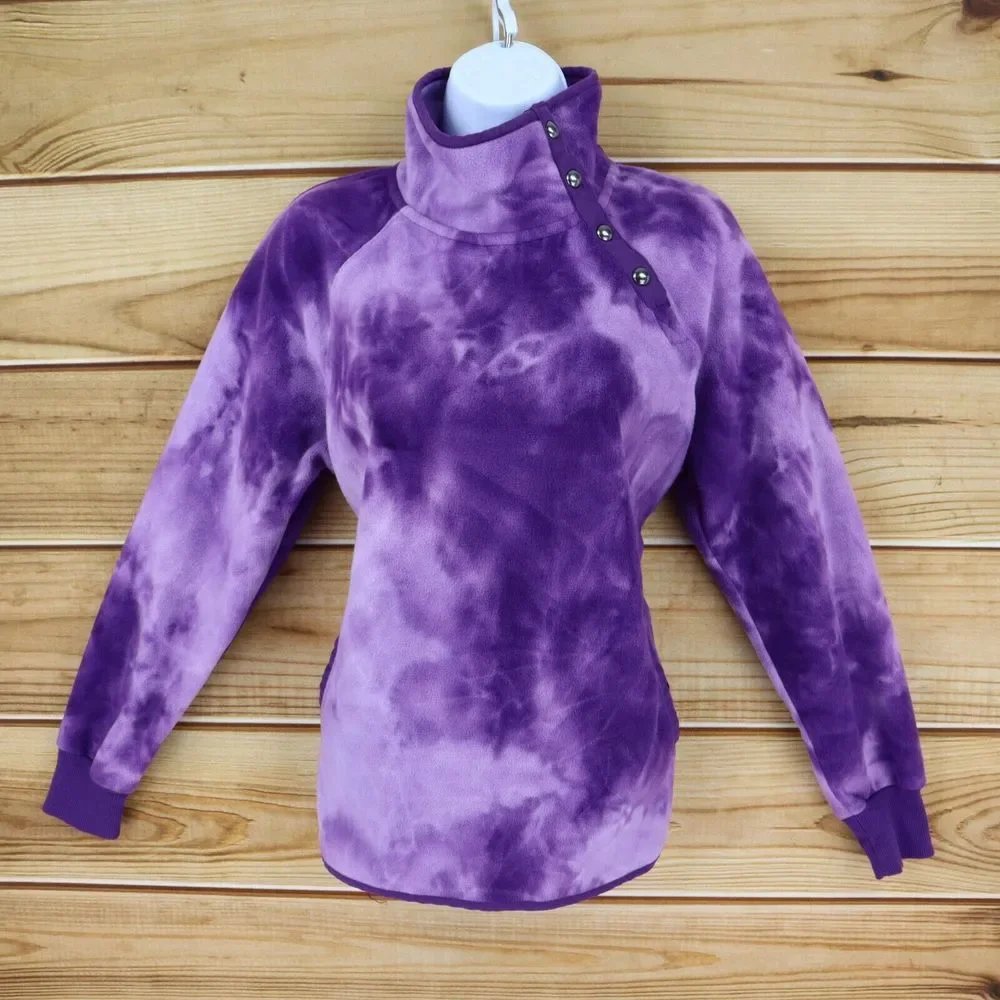 Green Tea High Neck Jacket‎ Womens Size S Purple Tie-Dye Fleece Pockets Buttons