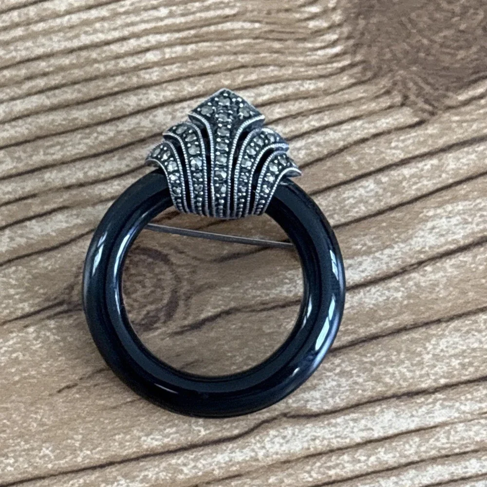 Vintage Sterling Marcasite Black Onyx Pin Brooch Doorknocker Art Deco