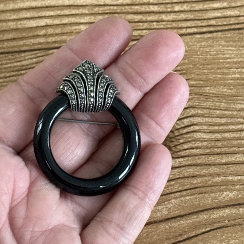 Vintage Sterling Marcasite Black Onyx Pin Brooch Doorknocker Art Deco