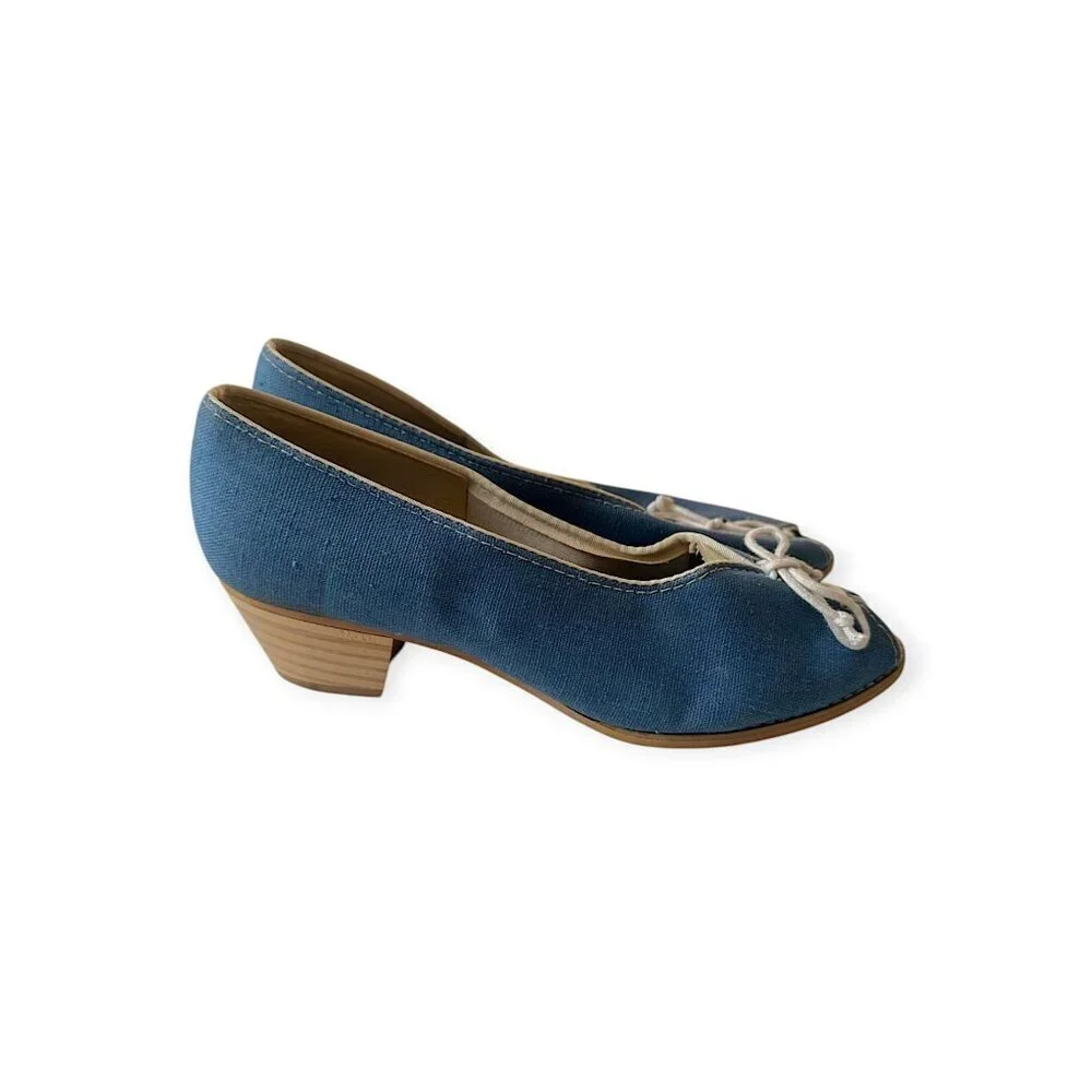 Vintage Blue Canvas Peep Toe Heels w/ Lace-Up Front | Stacked Heel | Size 7