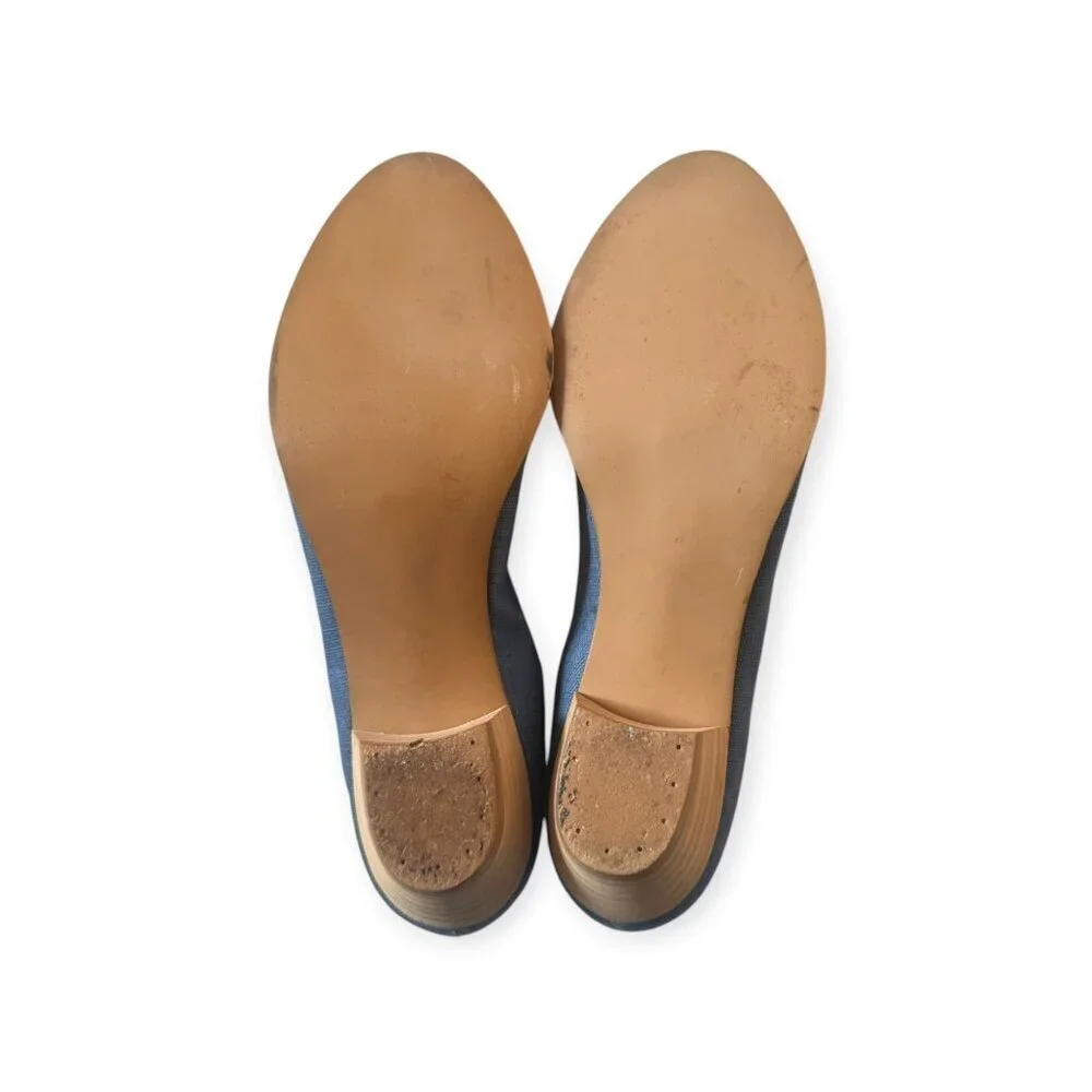 Vintage Blue Canvas Peep Toe Heels w/ Lace-Up Front | Stacked Heel | Size 7